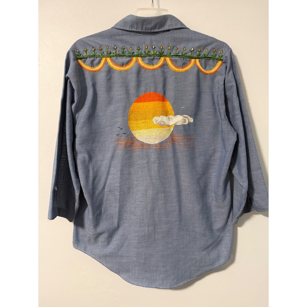 Vintage Big Mac Chambray Blue Embroidered Sun Sunset Work Shirt Men's M 70s 80s